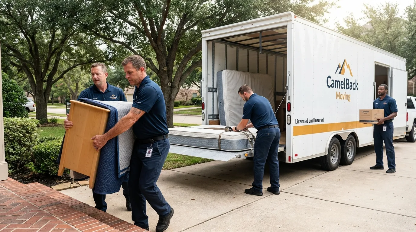 Crew loading residential truck for cross-state move from Lincoln, IL