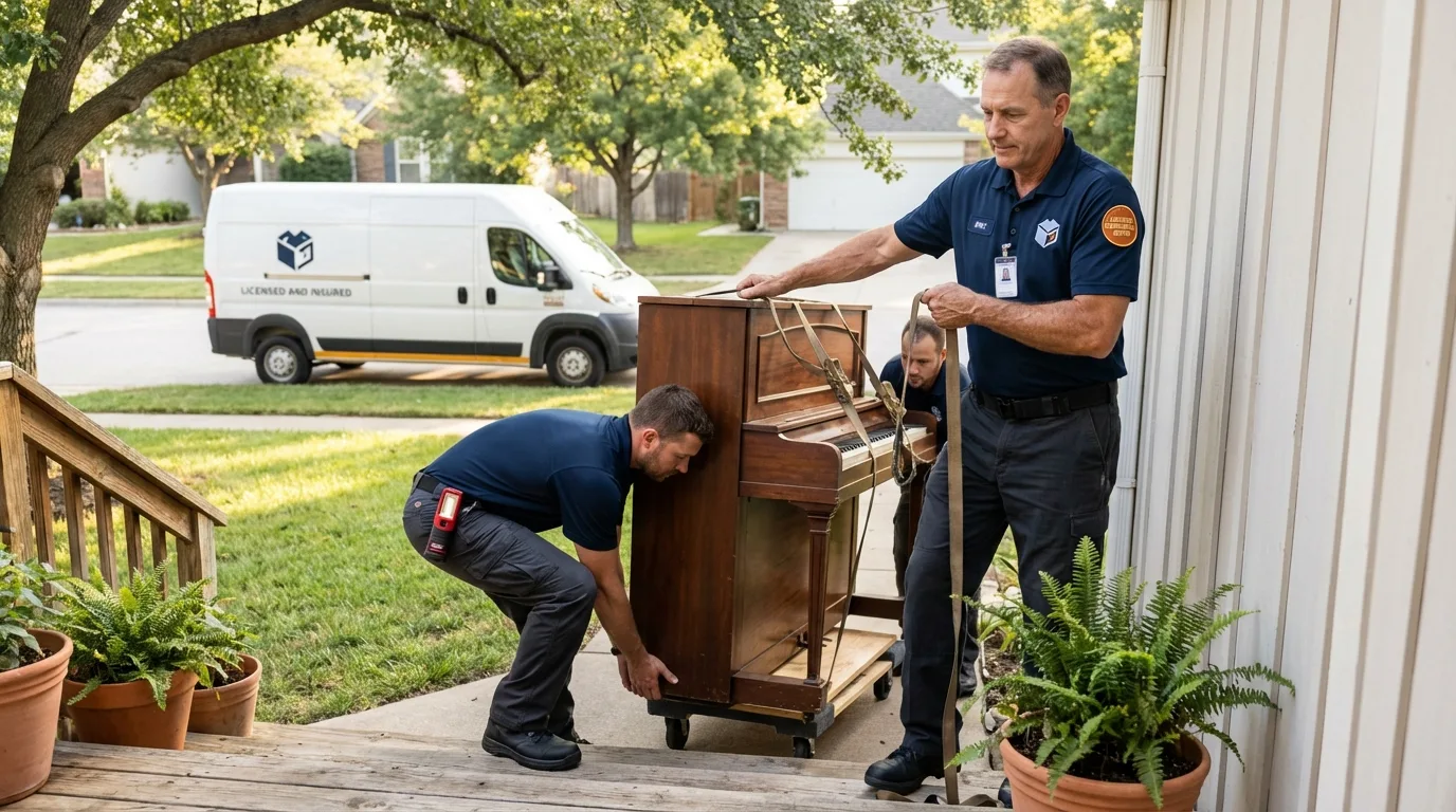 Licensed piano movers securing grand piano in Lincoln, IL