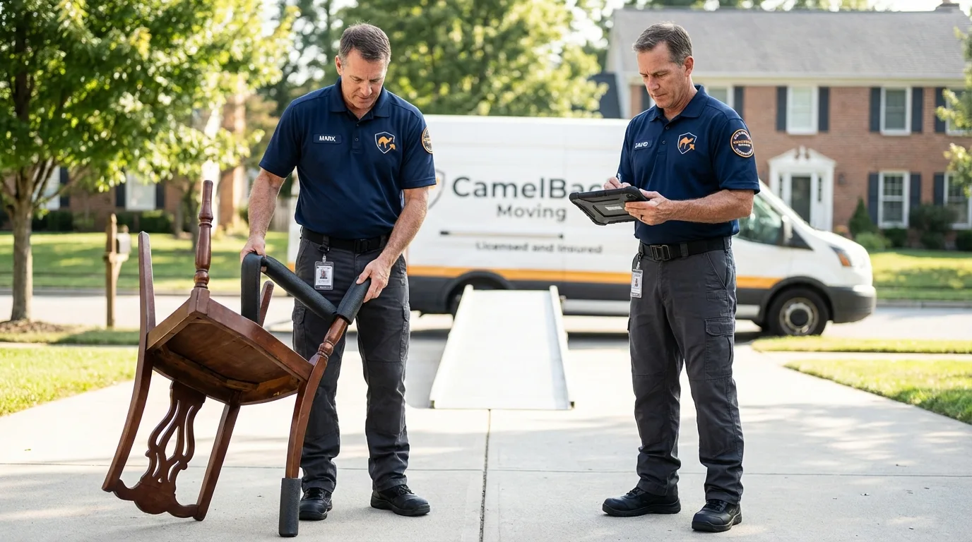 Movers inspecting furniture for damage prevention before loading in Lincoln, IL