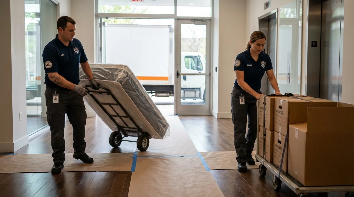 Professional apartment movers loading elevator in Lincoln, IL